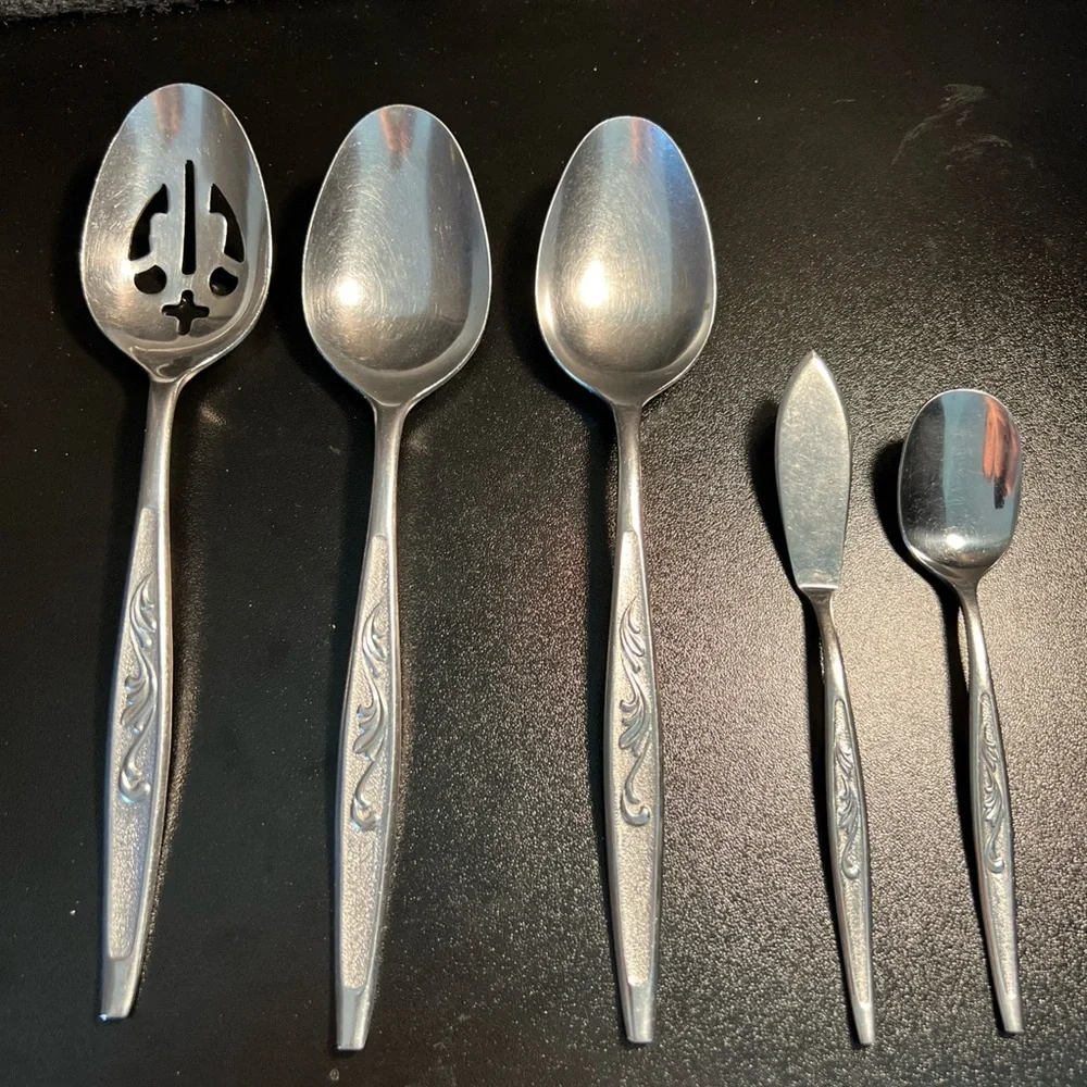 Vintage Carlton Japan Stainless Woodcrest 5 pcs Serving Set CAS1 Spoon Ladle